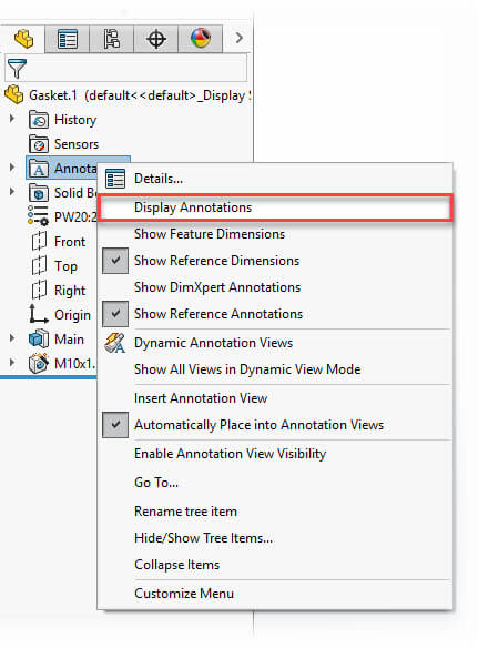 Display Annotations Cosmetic Thread SolidWorks