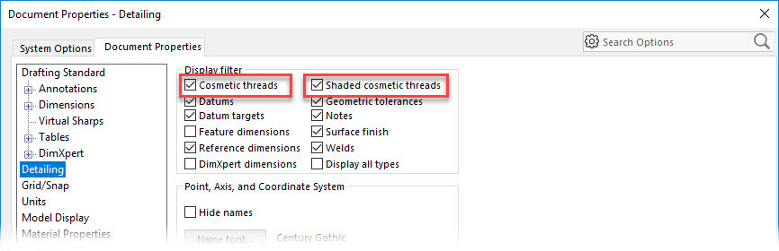 Options Detailing Threads SolidWorks