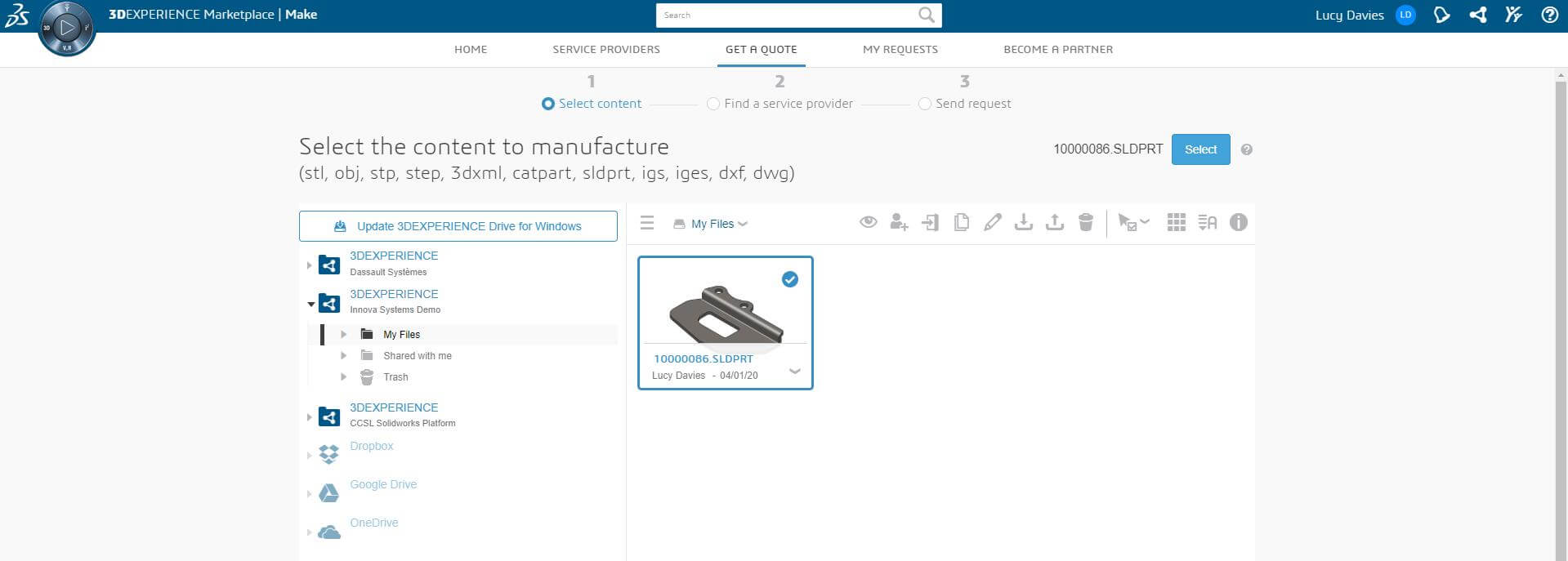 Selecting your uploaded part for manufacture on 3DEXPERIENCE Marketplace Make