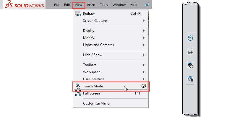 SOLIDWORKS 2018 Touch Mode View Menu