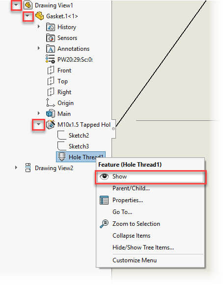 Cosmetic Thread Hide Show SolidWorks